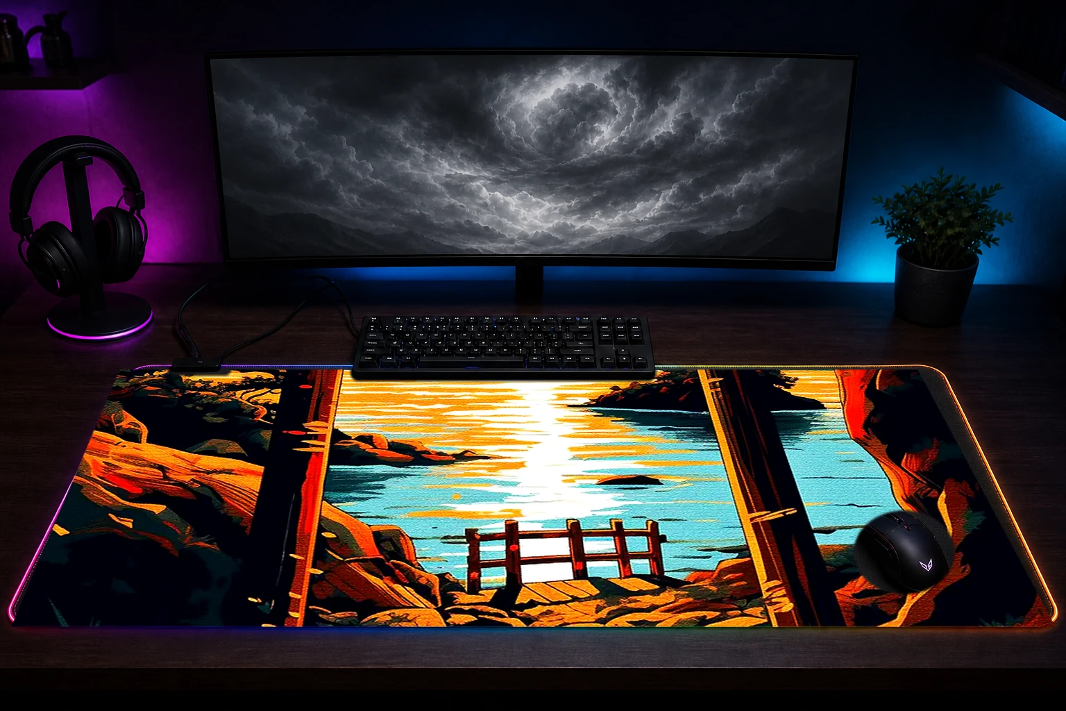 The charm of sunrise gate RGB Desk Mat immersive setup scene