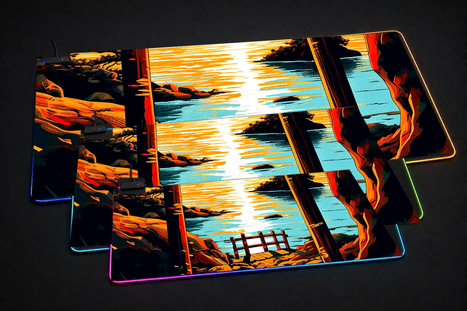 The charm of sunrise gate RGB Desk Mat three-size comparison