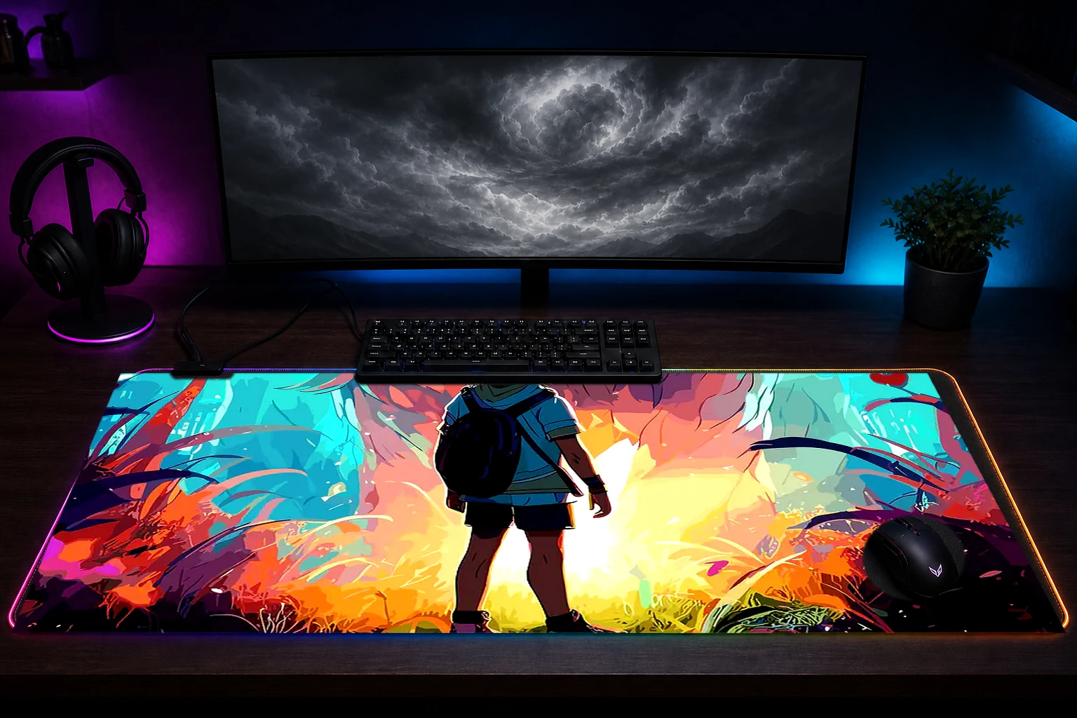 Ghost Wolf RGB Desk Mat immersive setup scene