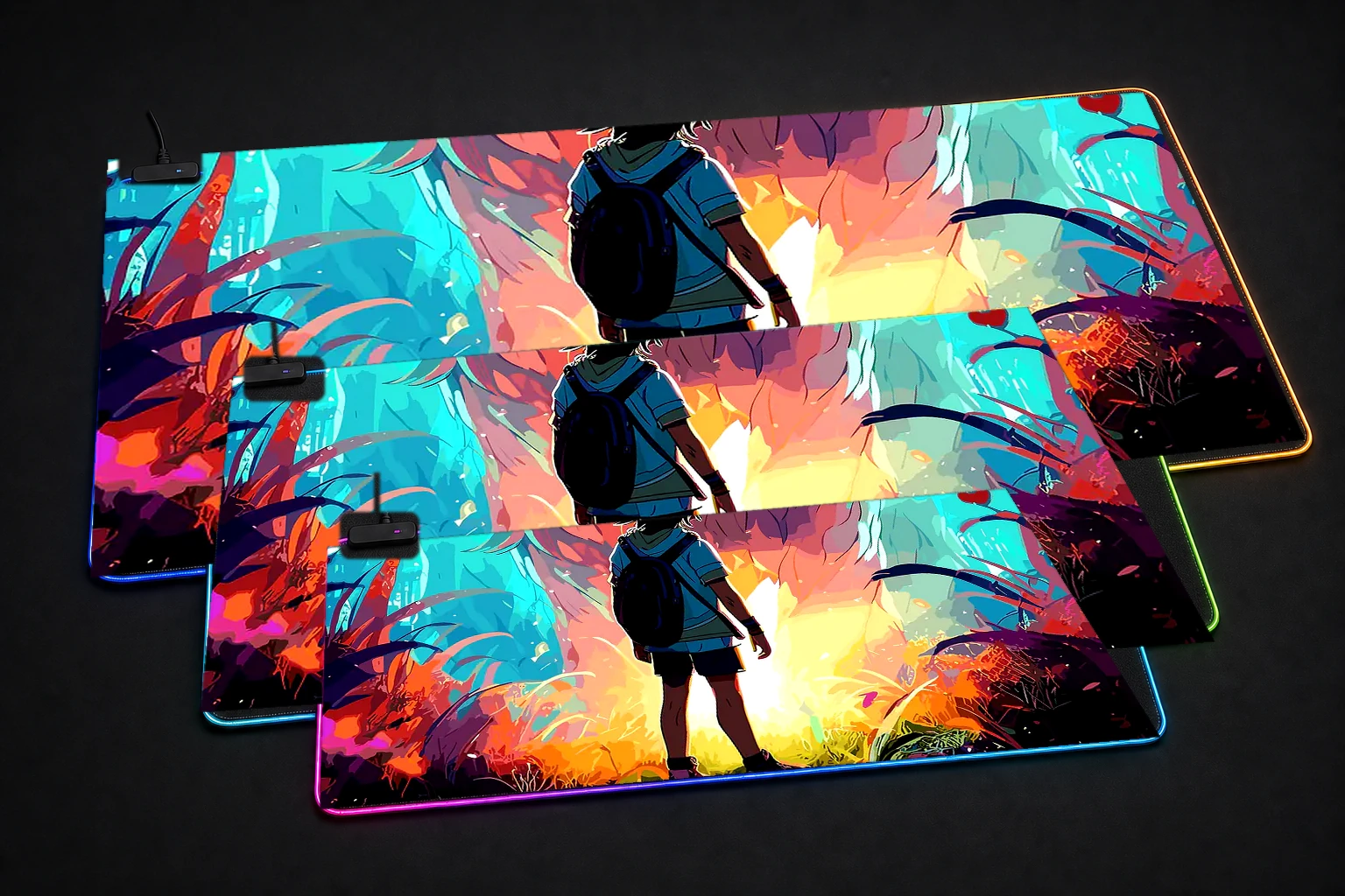 Ghost Wolf RGB Desk Mat three-size comparison