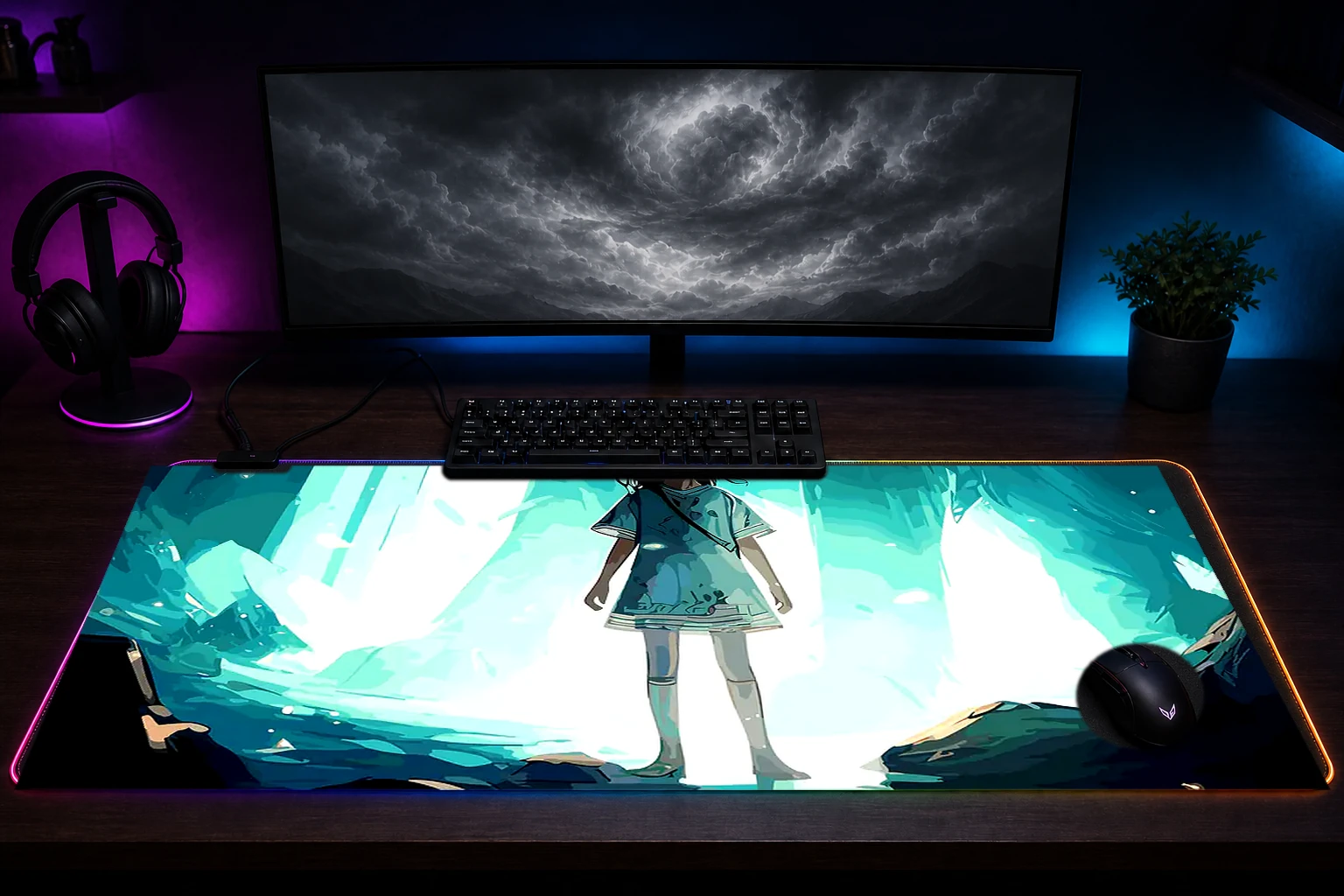 Ghost Wolf RGB Desk Mat immersive setup scene