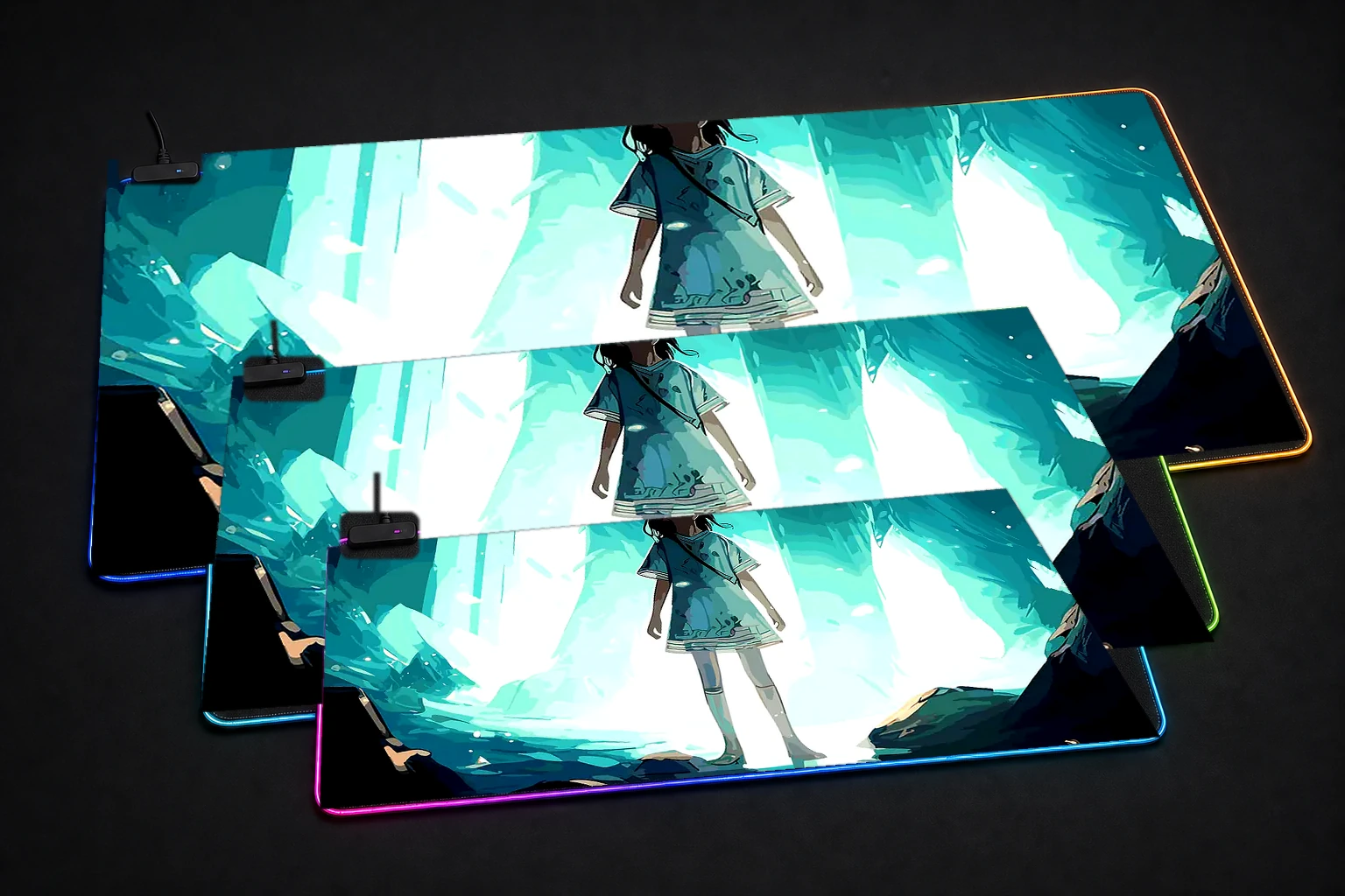 Ghost Wolf RGB Desk Mat three-size comparison