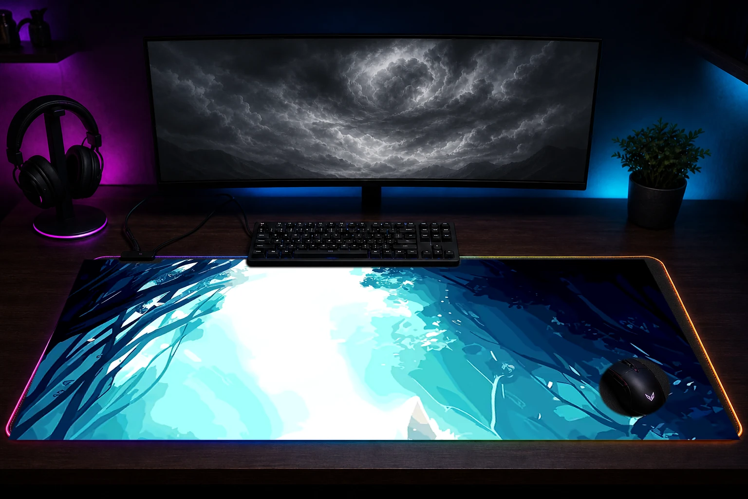 Ghost Wolf RGB Desk Mat immersive setup scene