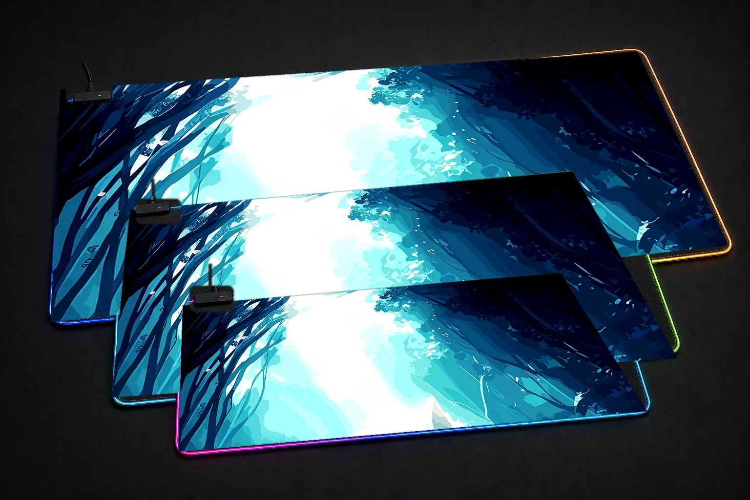 Ghost Wolf RGB Desk Mat three-size comparison
