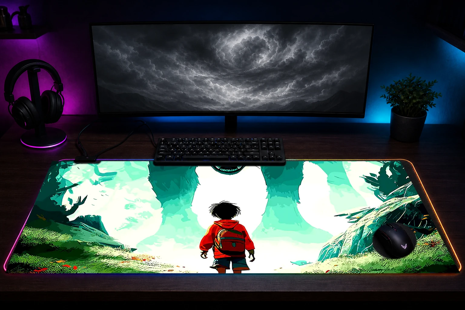 Ghost Wolf RGB Desk Mat immersive setup scene