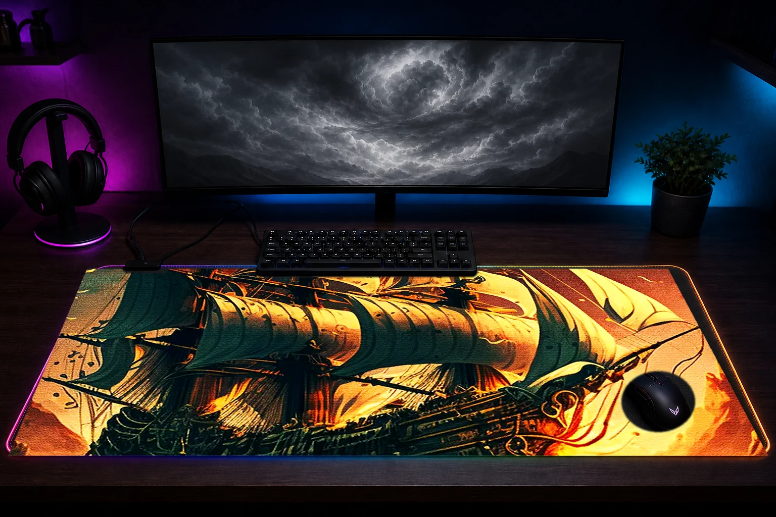 The Legend Pirates RGB Desk Mat immersive setup scene