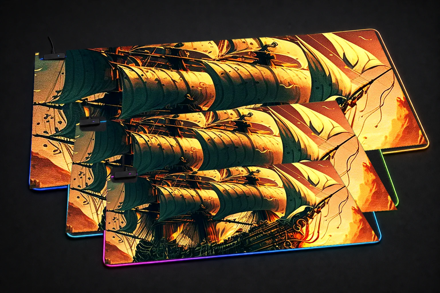 The Legend Pirates RGB Desk Mat three-size comparison