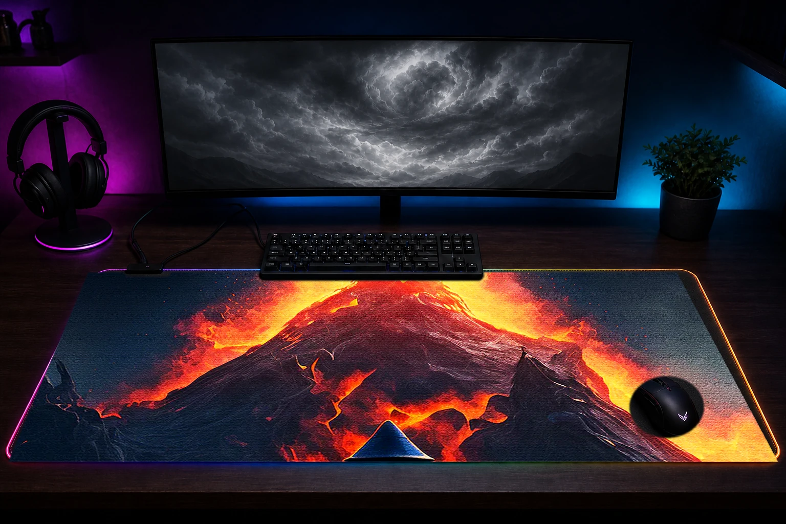Painting volcano horror RGB Desk Mat immersive setup scene