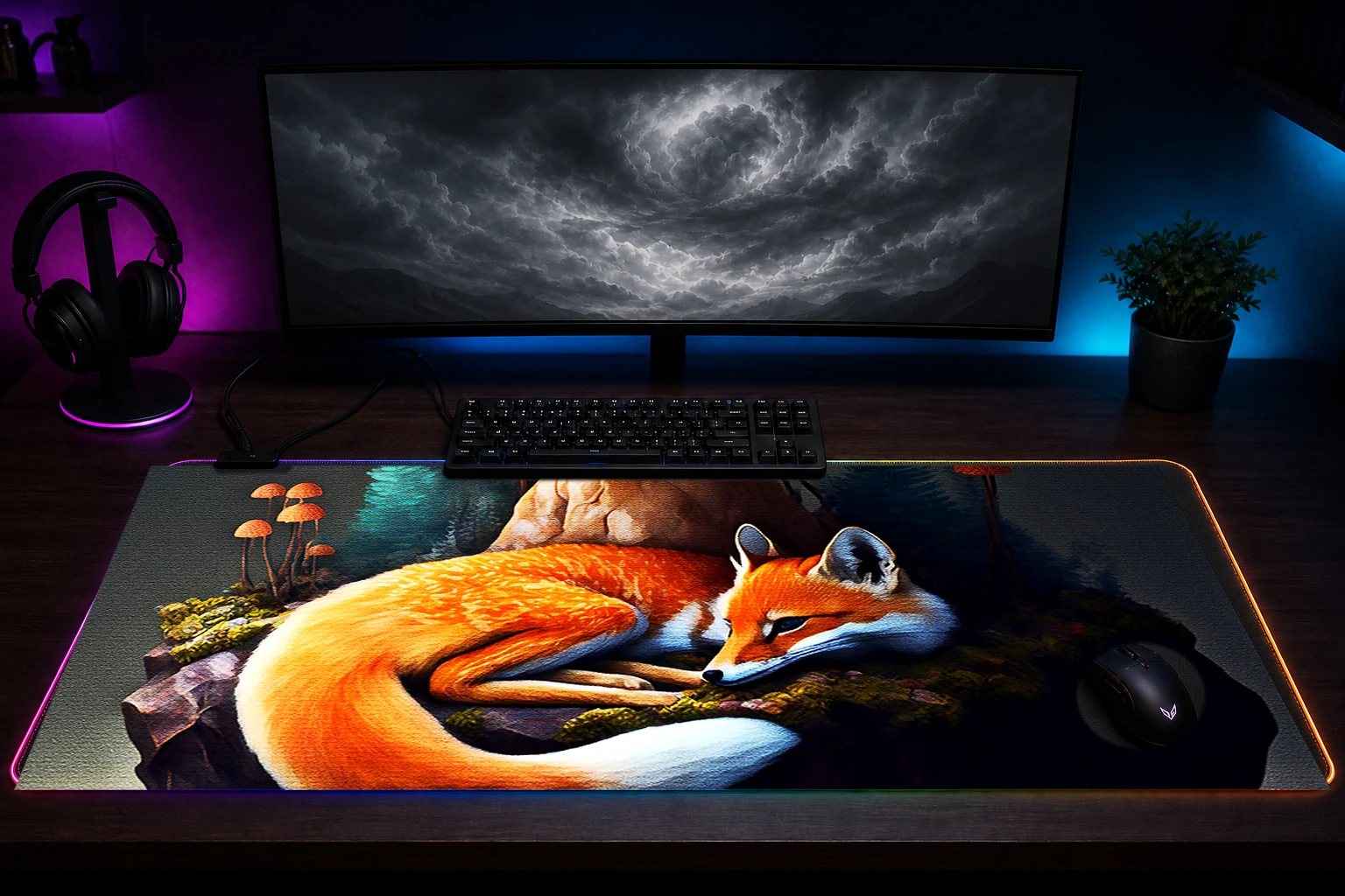 Fox Forest House RGB Desk Mat immersive setup scene