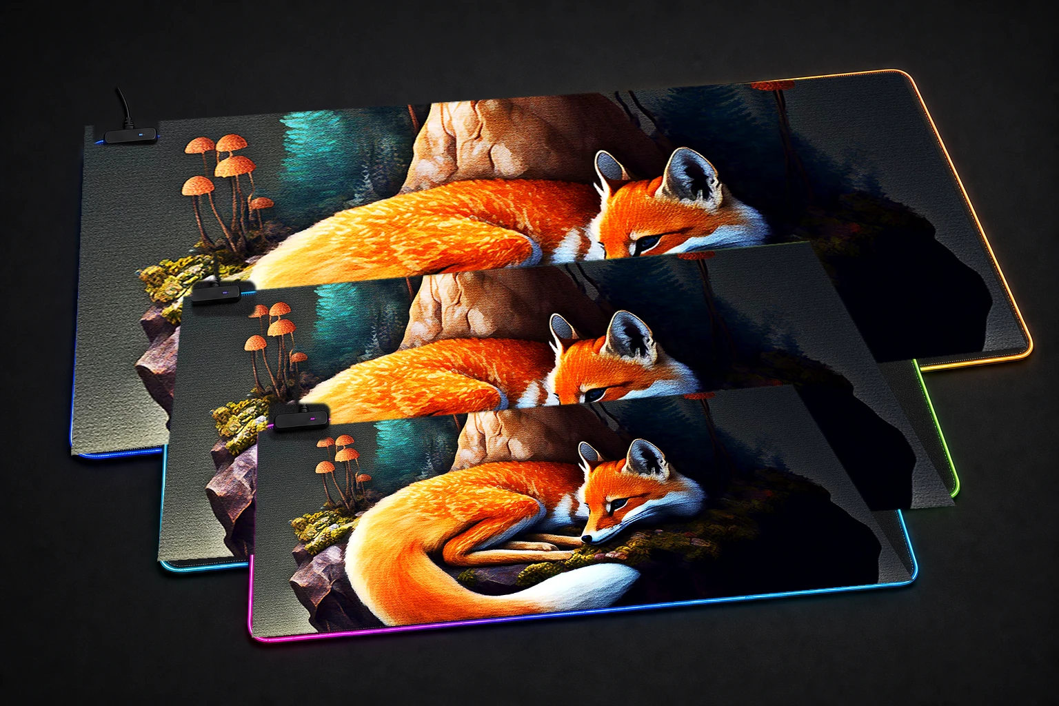Fox Forest House RGB Desk Mat three-size comparison