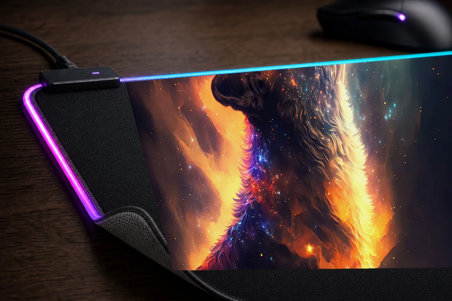 Lone Wolf in Space RGB Desk Mat controller and material detail