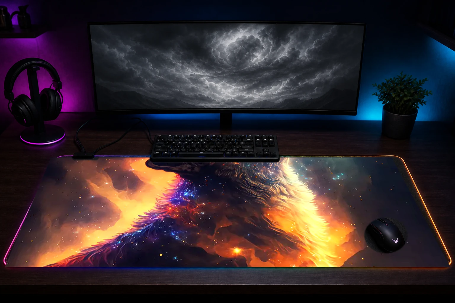 Lone Wolf in Space RGB Desk Mat immersive setup scene