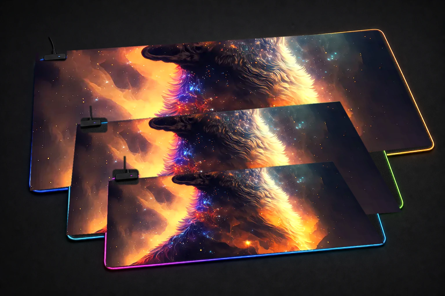 Lone Wolf in Space RGB Desk Mat three-size comparison