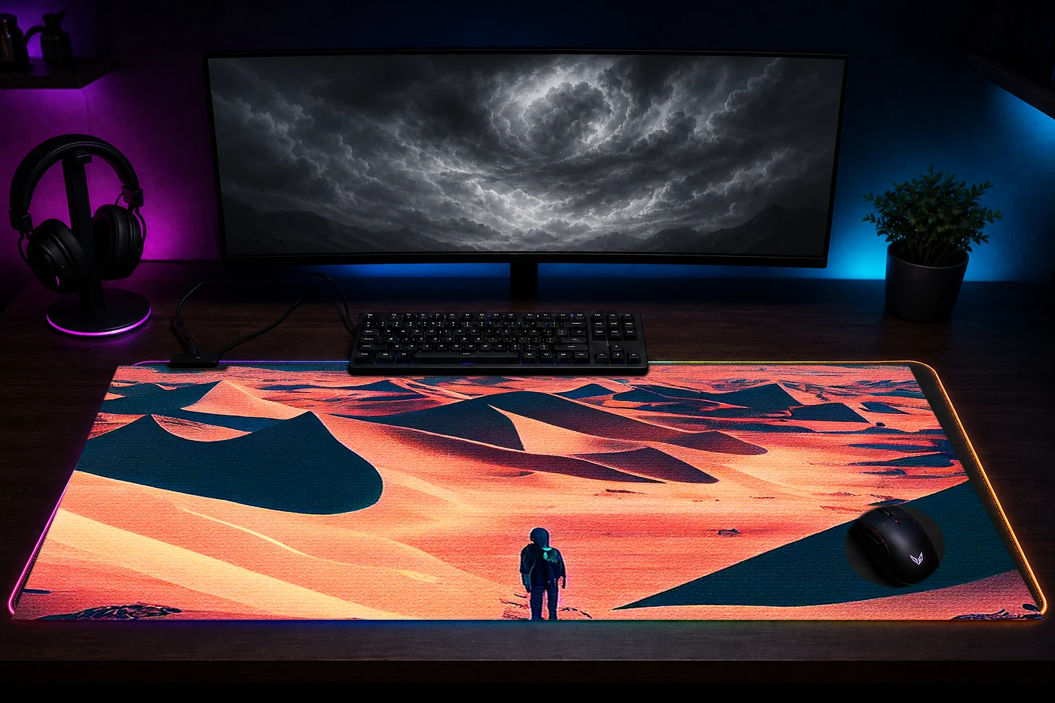 Walking in the Desert RGB Desk Mat immersive setup scene