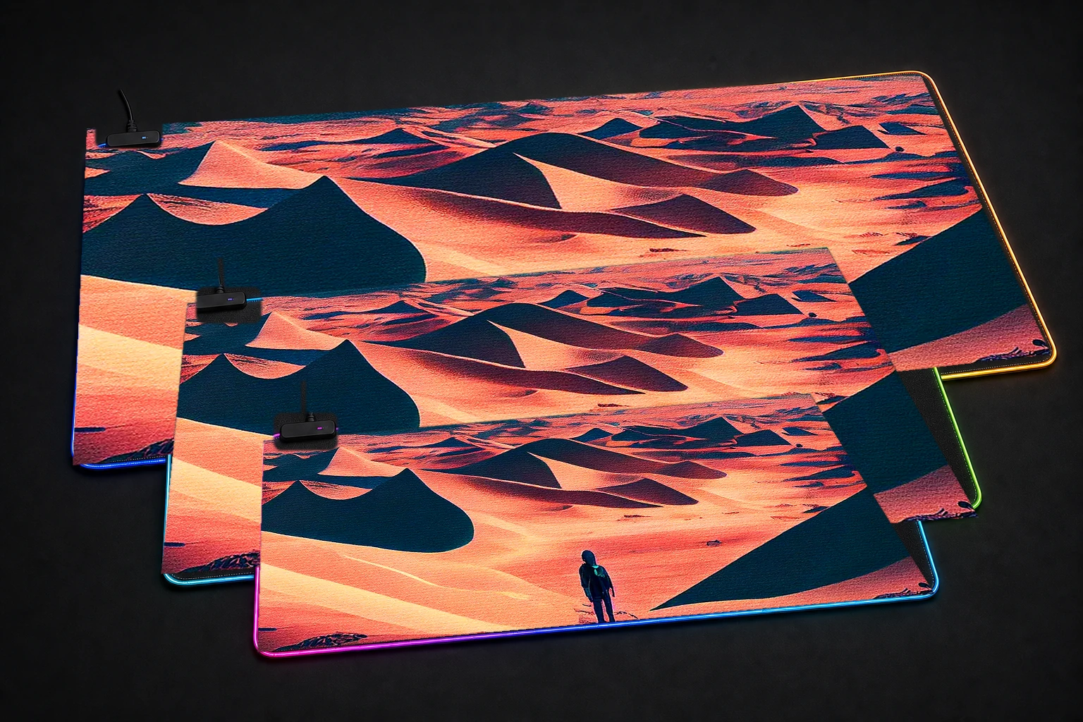 Walking in the Desert RGB Desk Mat three-size comparison