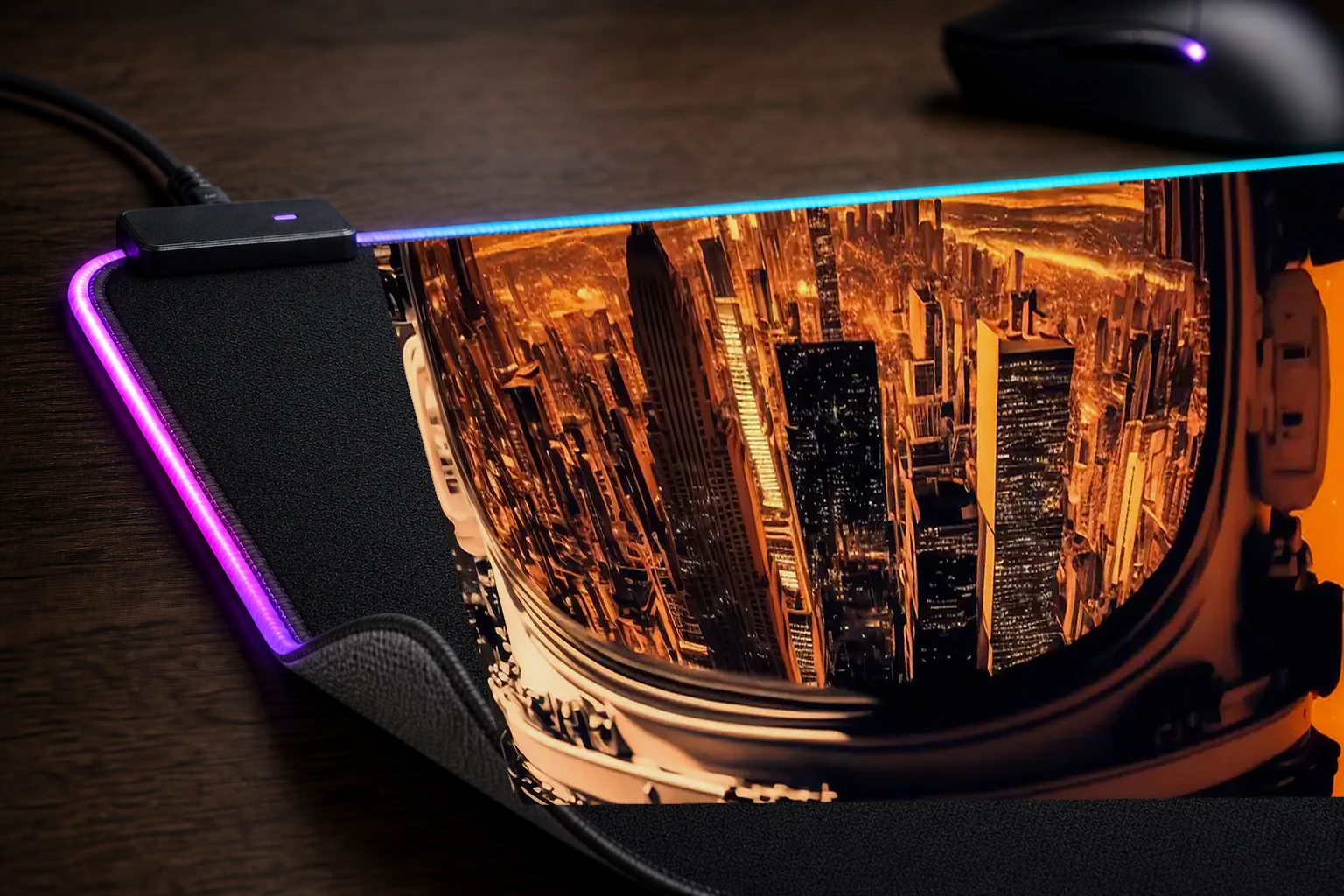 Astronauts Home City Visor RGB Desk Mat controller and material detail