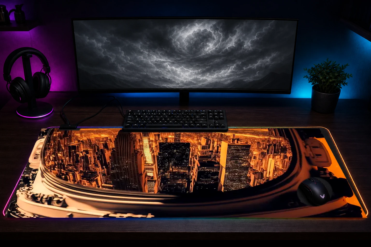 Astronauts Home City Visor RGB Desk Mat immersive setup scene