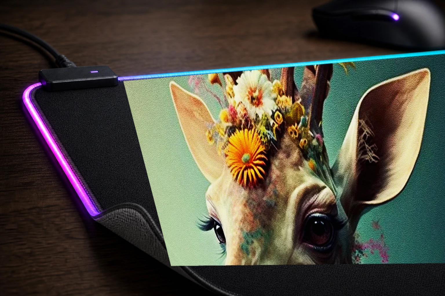 Giraffe Art RGB Desk Mat controller and material detail