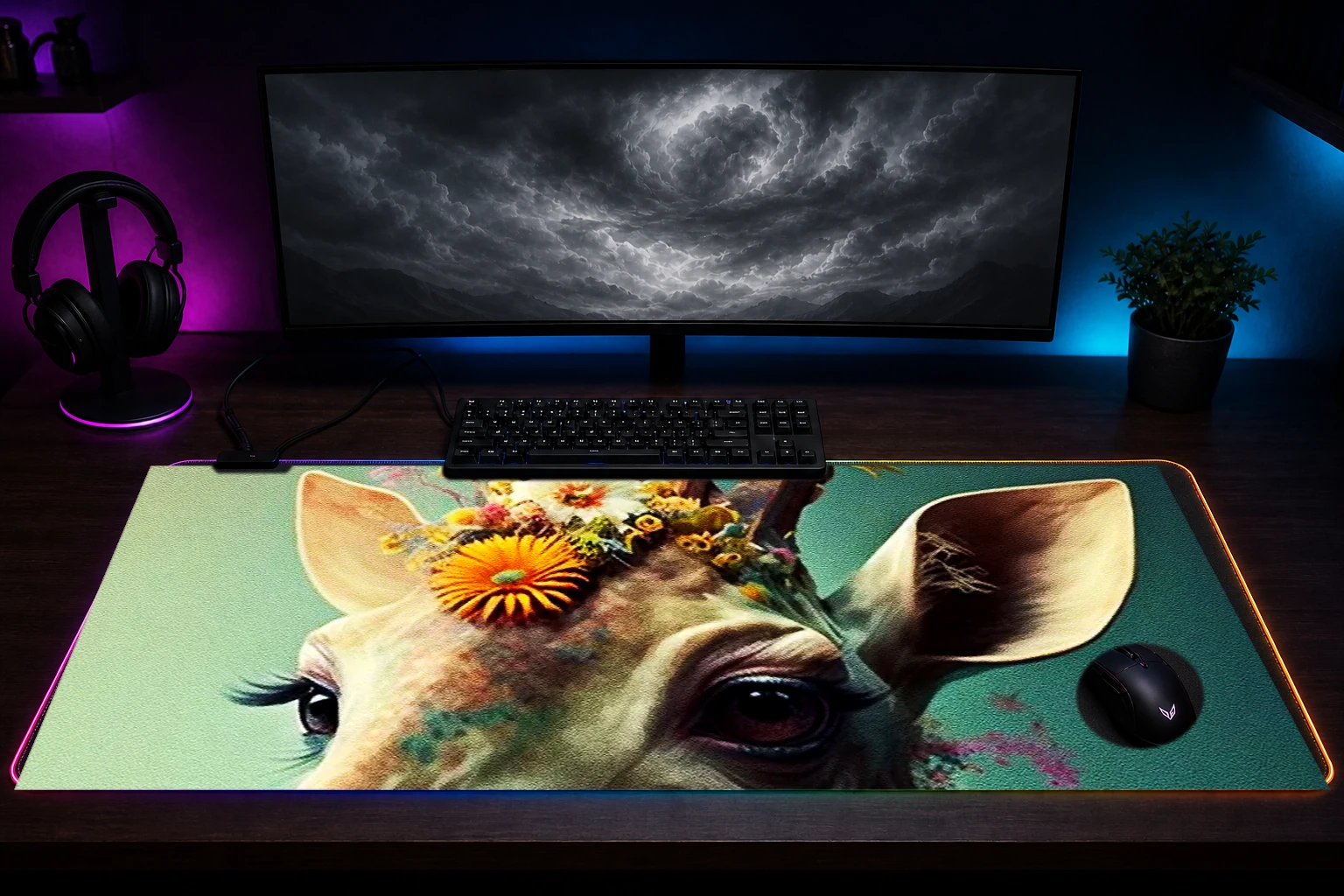 Giraffe Art RGB Desk Mat immersive setup scene