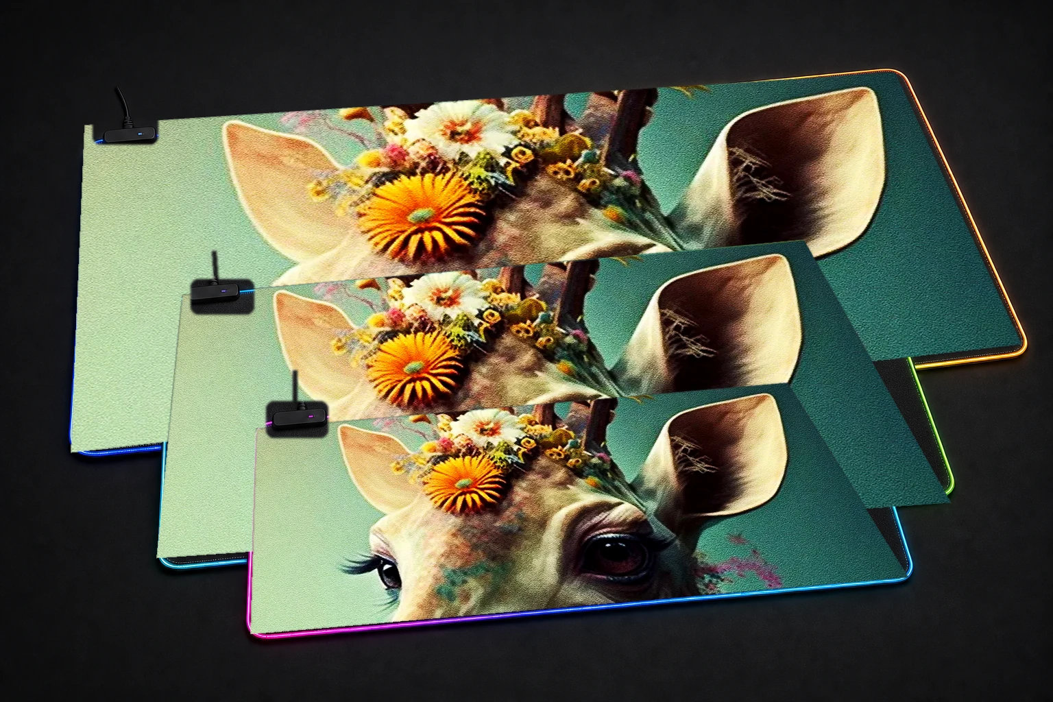 Giraffe Art RGB Desk Mat three-size comparison