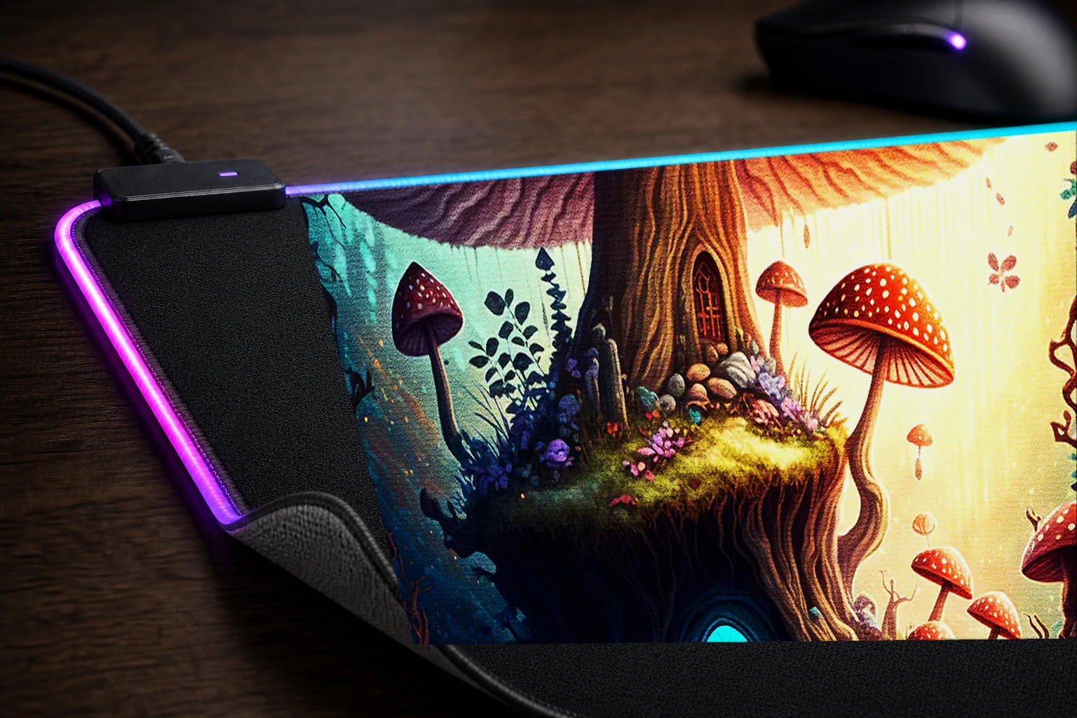 Mushroom Home RGB Desk Mat controller and material detail