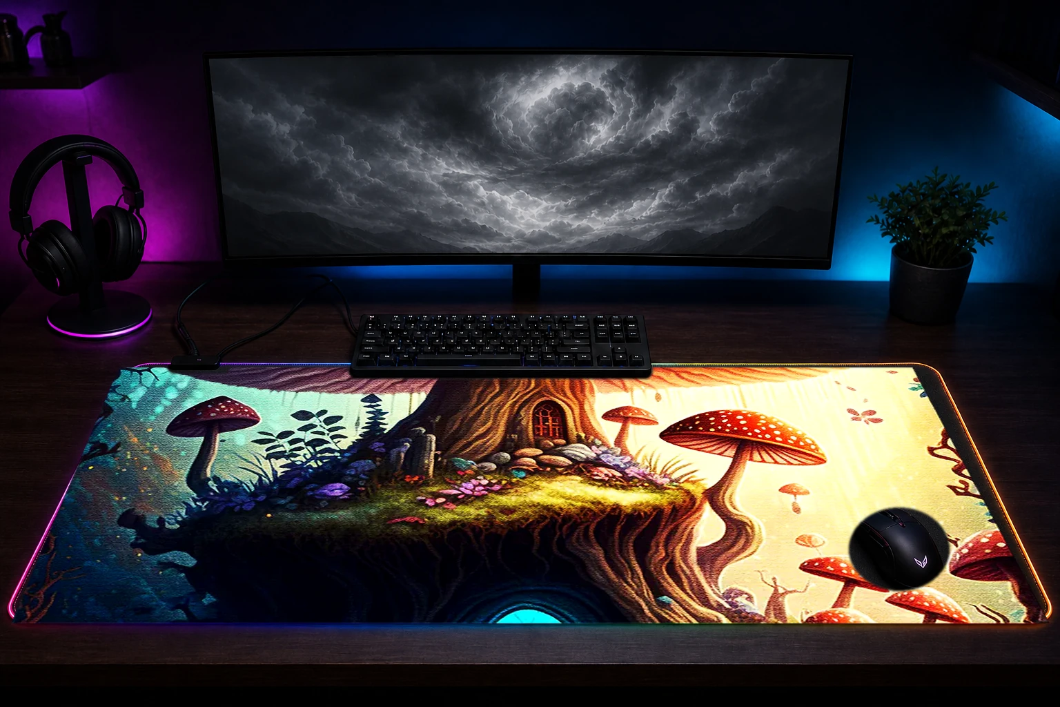 Mushroom Home RGB Desk Mat immersive setup scene