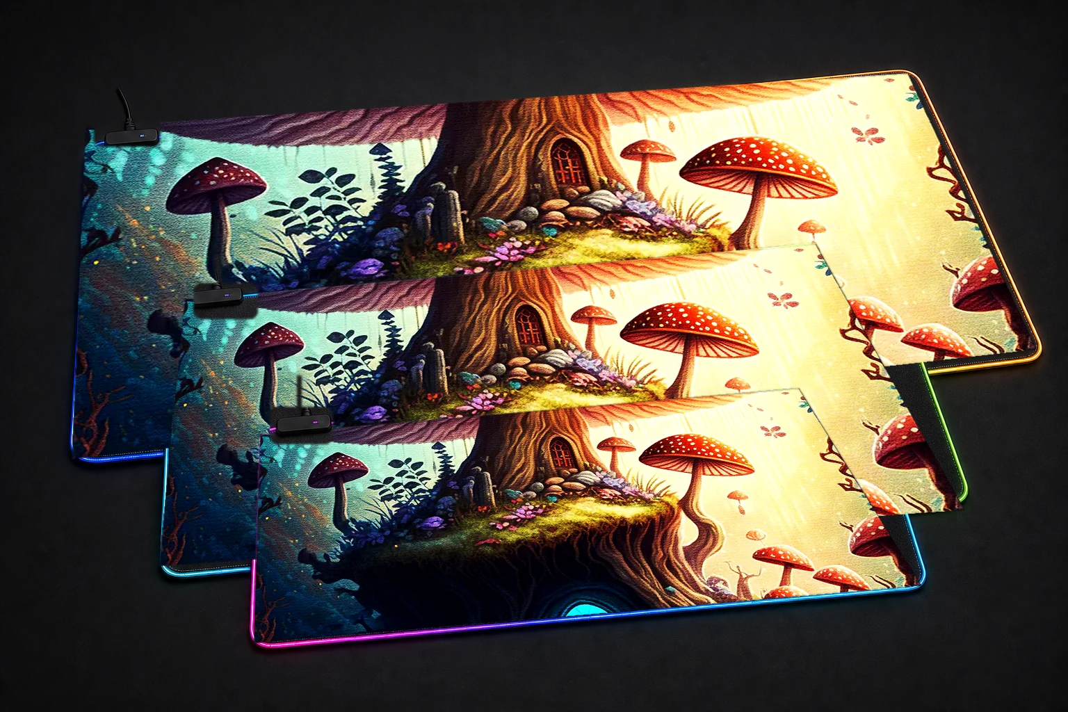 Mushroom Home RGB Desk Mat three-size comparison