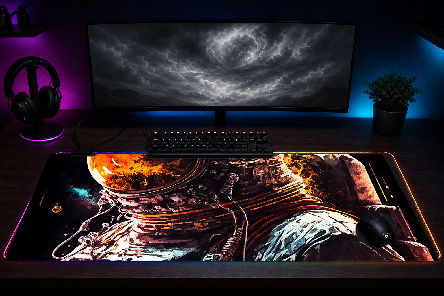 Astronaut Inspired RGB Desk Mat immersive setup scene