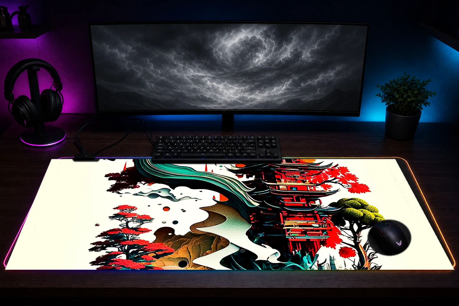 Modern art of Japanese RGB Desk Mat immersive setup scene