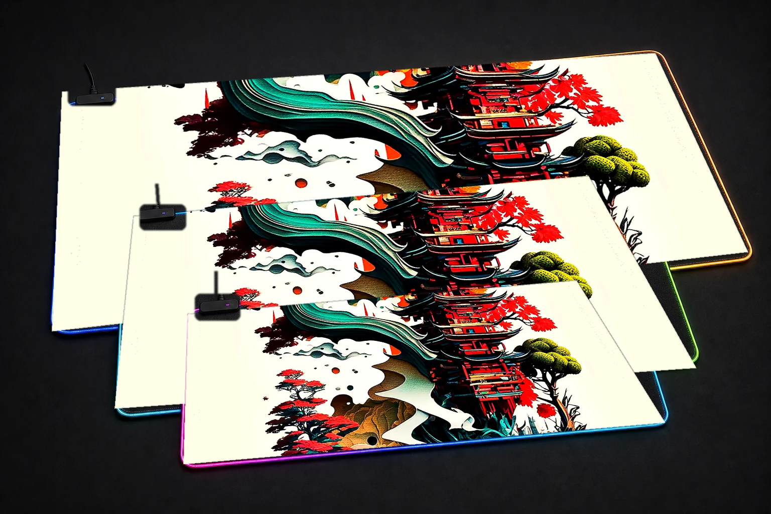 Modern art of Japanese RGB Desk Mat three-size comparison