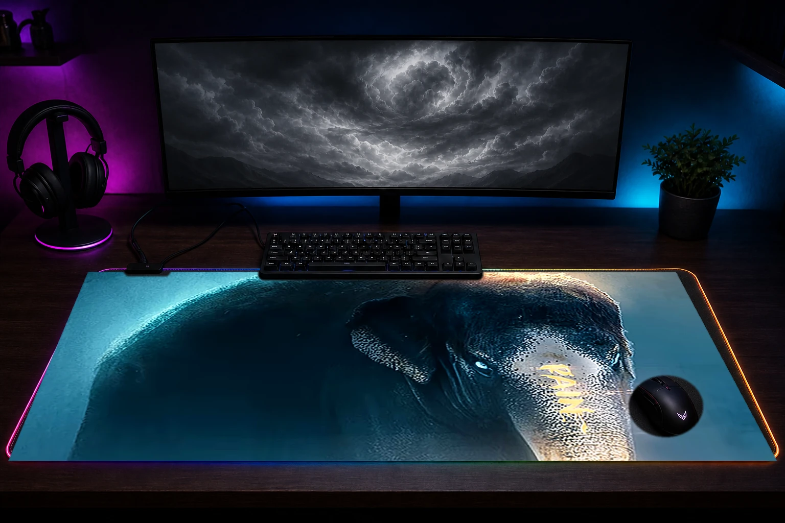 Pain Fantasy Forest RGB Desk Mat immersive setup scene