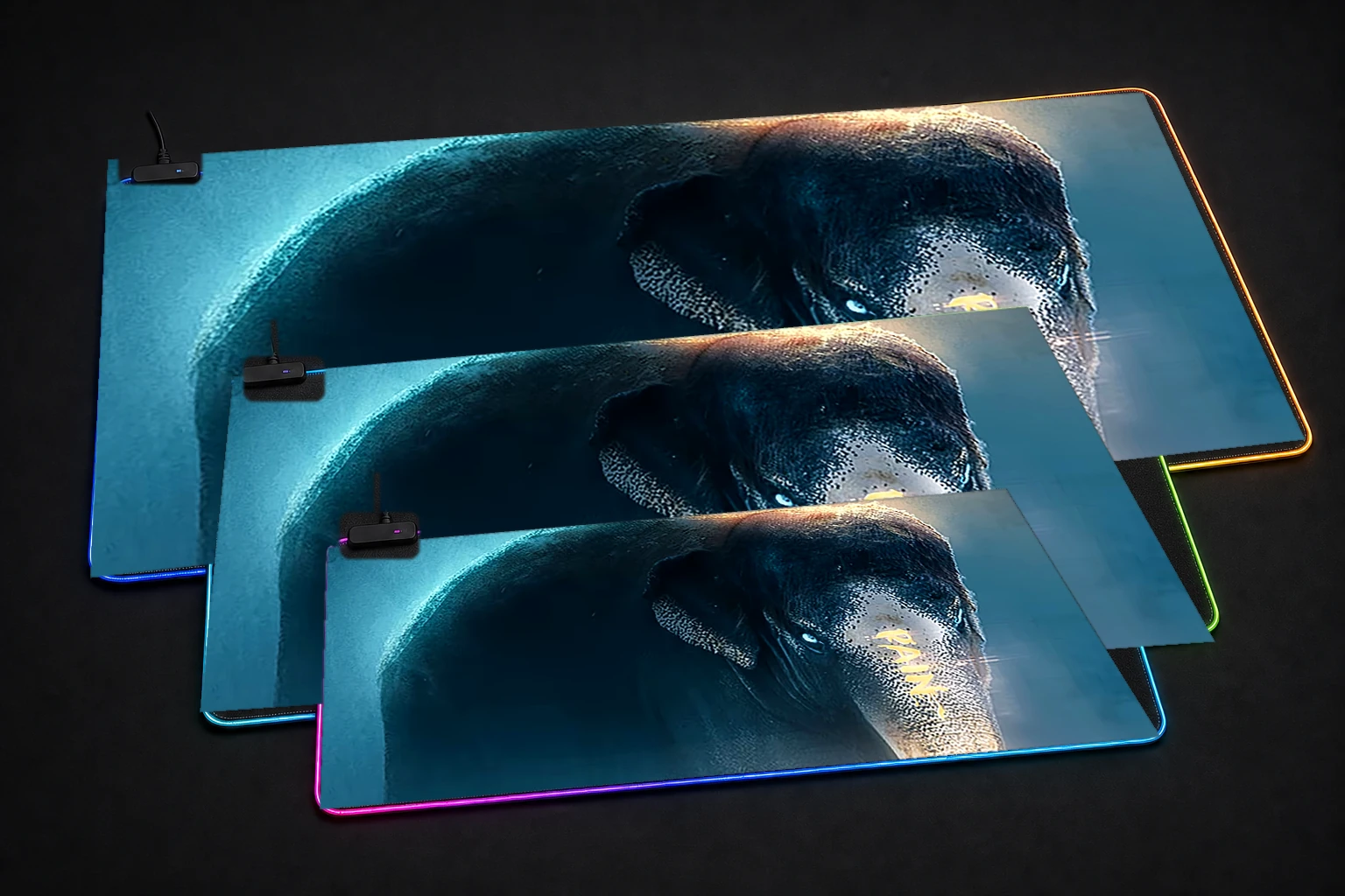 Pain Fantasy Forest RGB Desk Mat three-size comparison