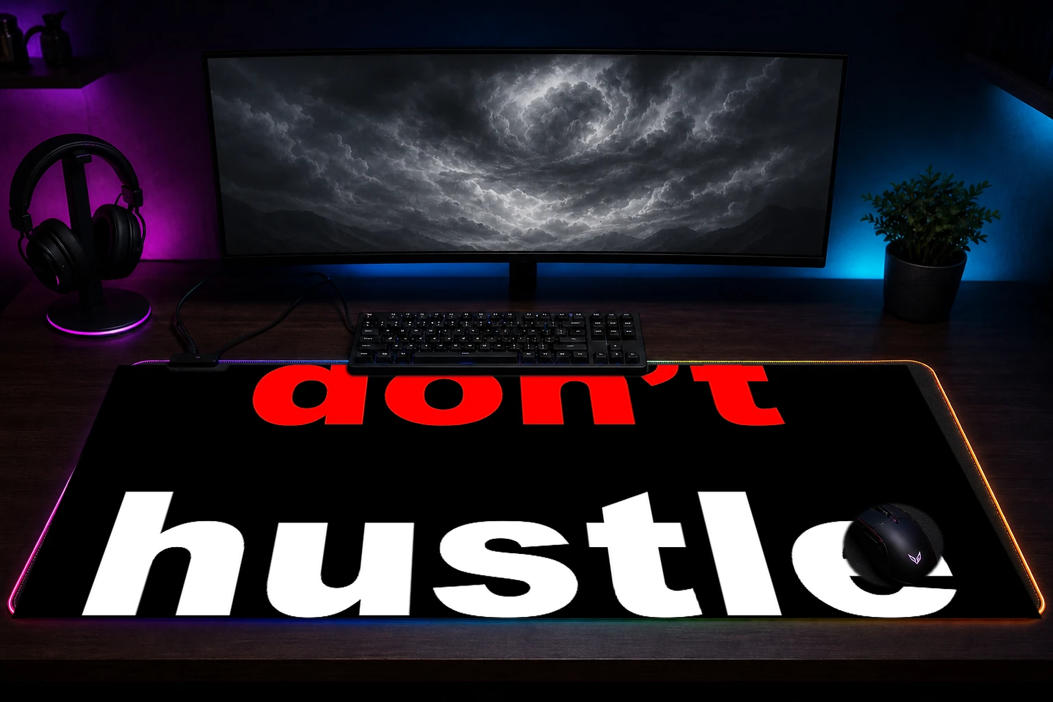 Dont Hustle RGB Desk Mat immersive setup scene