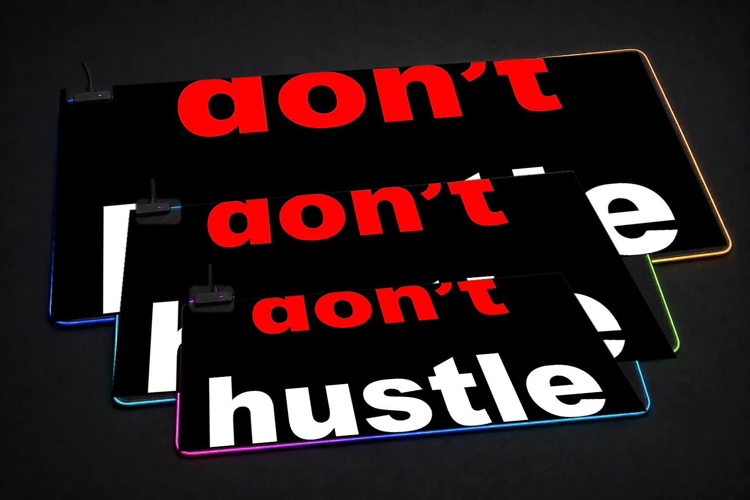 Dont Hustle RGB Desk Mat three-size comparison