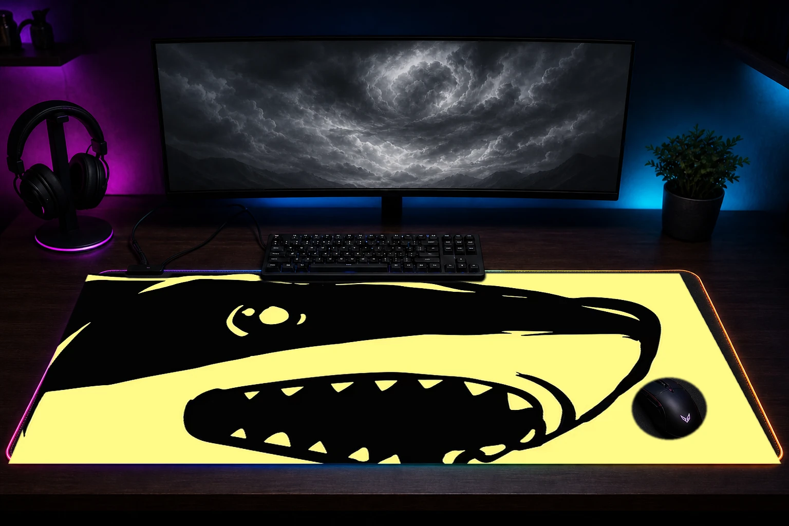 illustration Of Shark RGB Desk Mat immersive setup scene