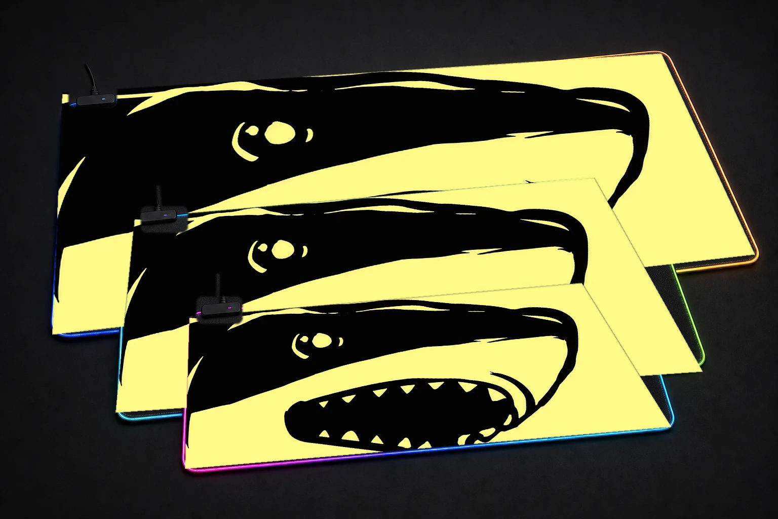 illustration Of Shark RGB Desk Mat three-size comparison