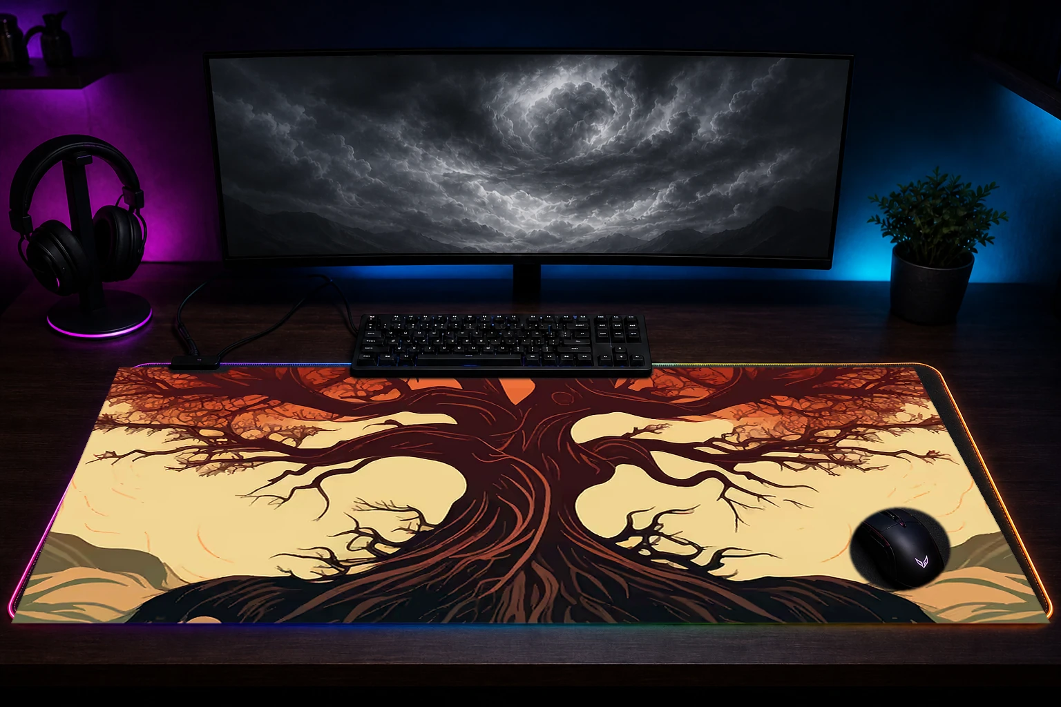 Tree in the evening RGB Desk Mat immersive setup scene
