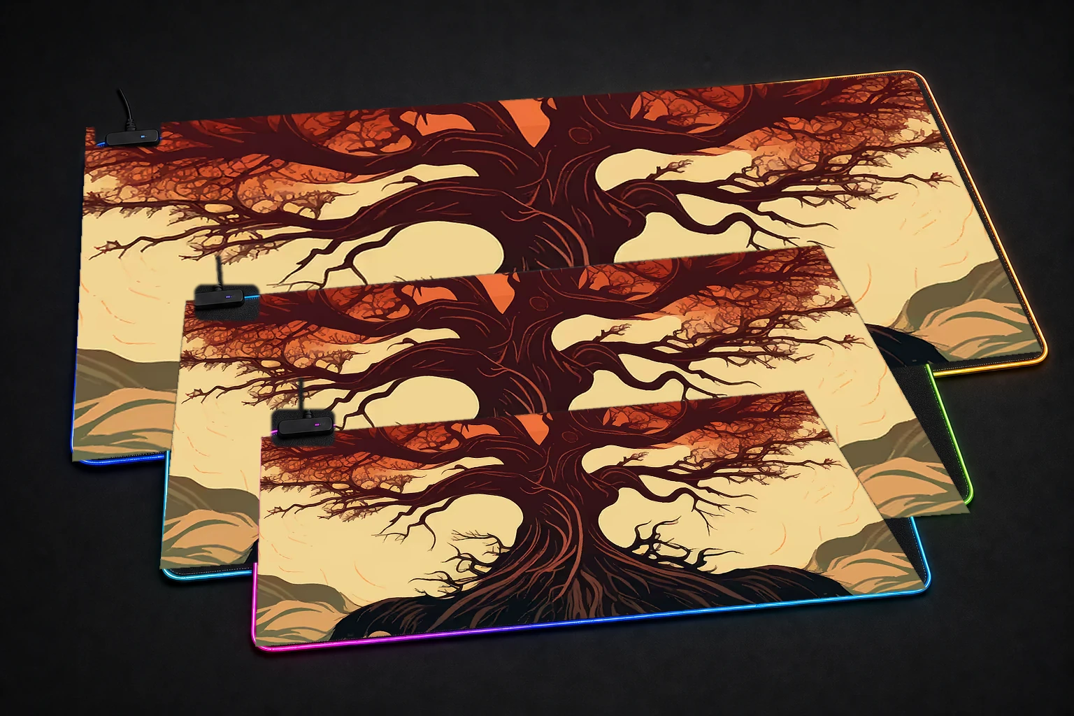 Tree in the evening RGB Desk Mat three-size comparison