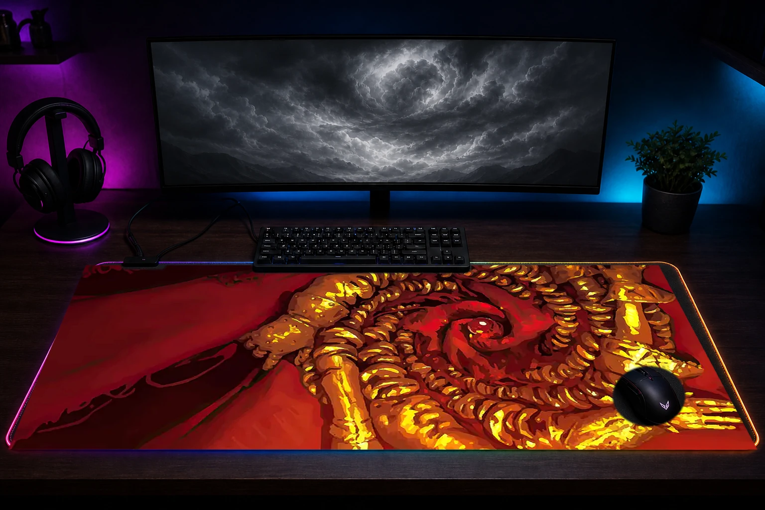 No Rest for the Wicked RGB Desk Mat immersive setup scene