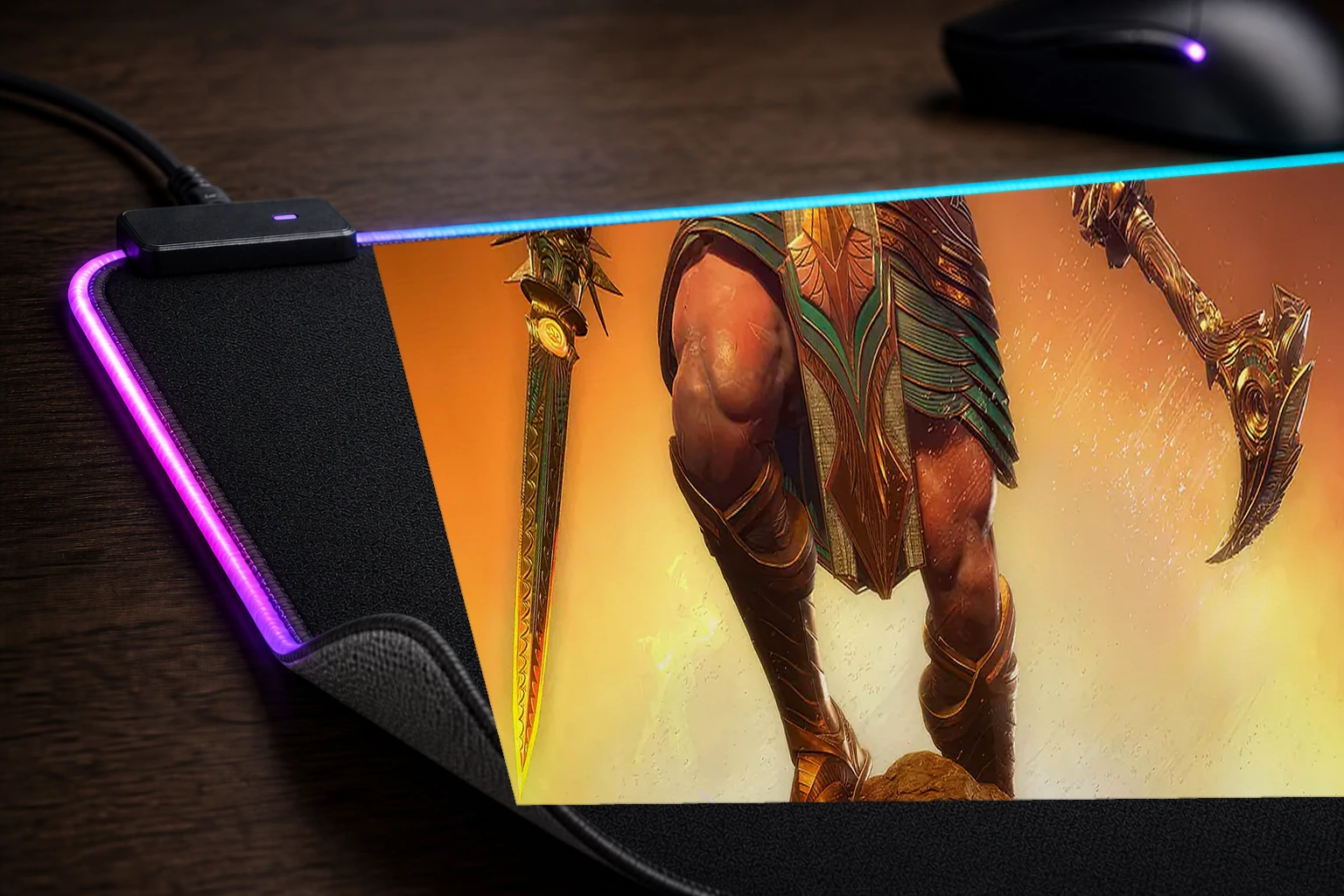 Asgards Wrath 2 Game RGB Desk Mat controller and material detail