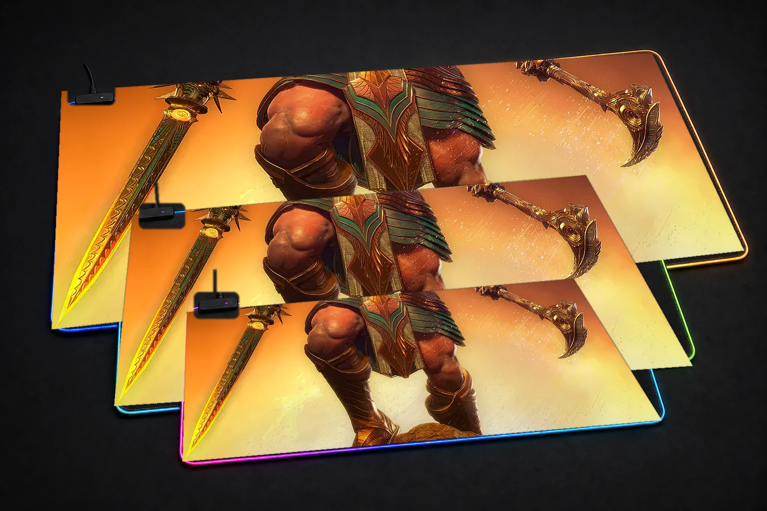 Asgards Wrath 2 Game RGB Desk Mat three-size comparison