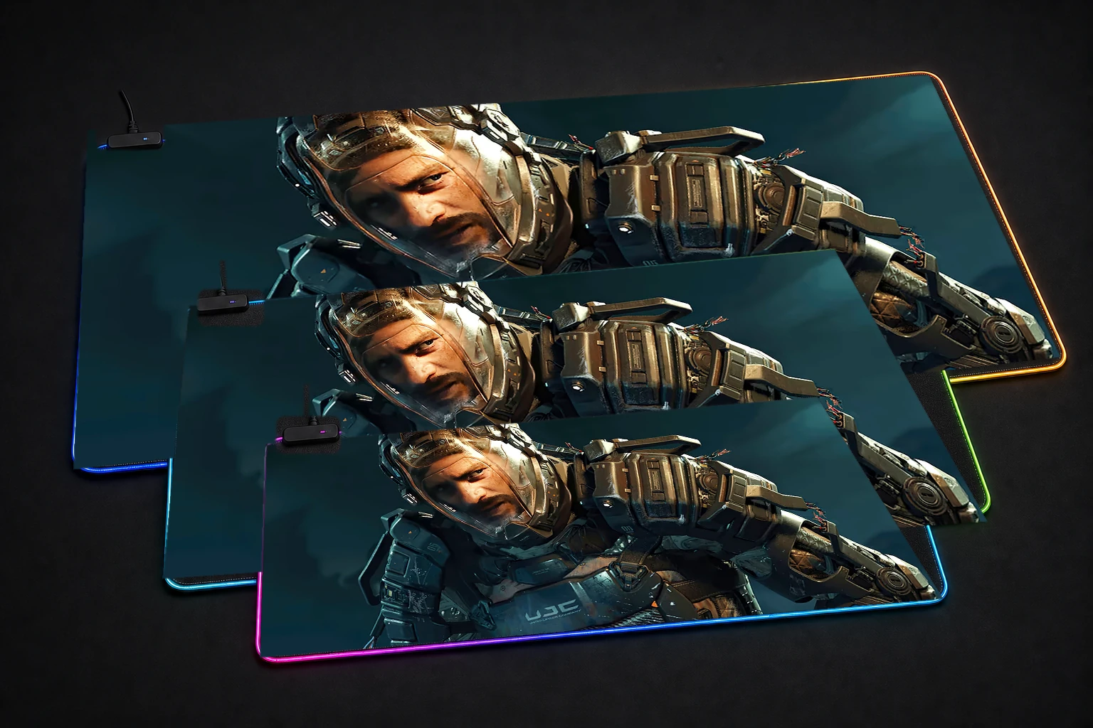 The Callisto Protocol Game RGB Desk Mat three-size comparison