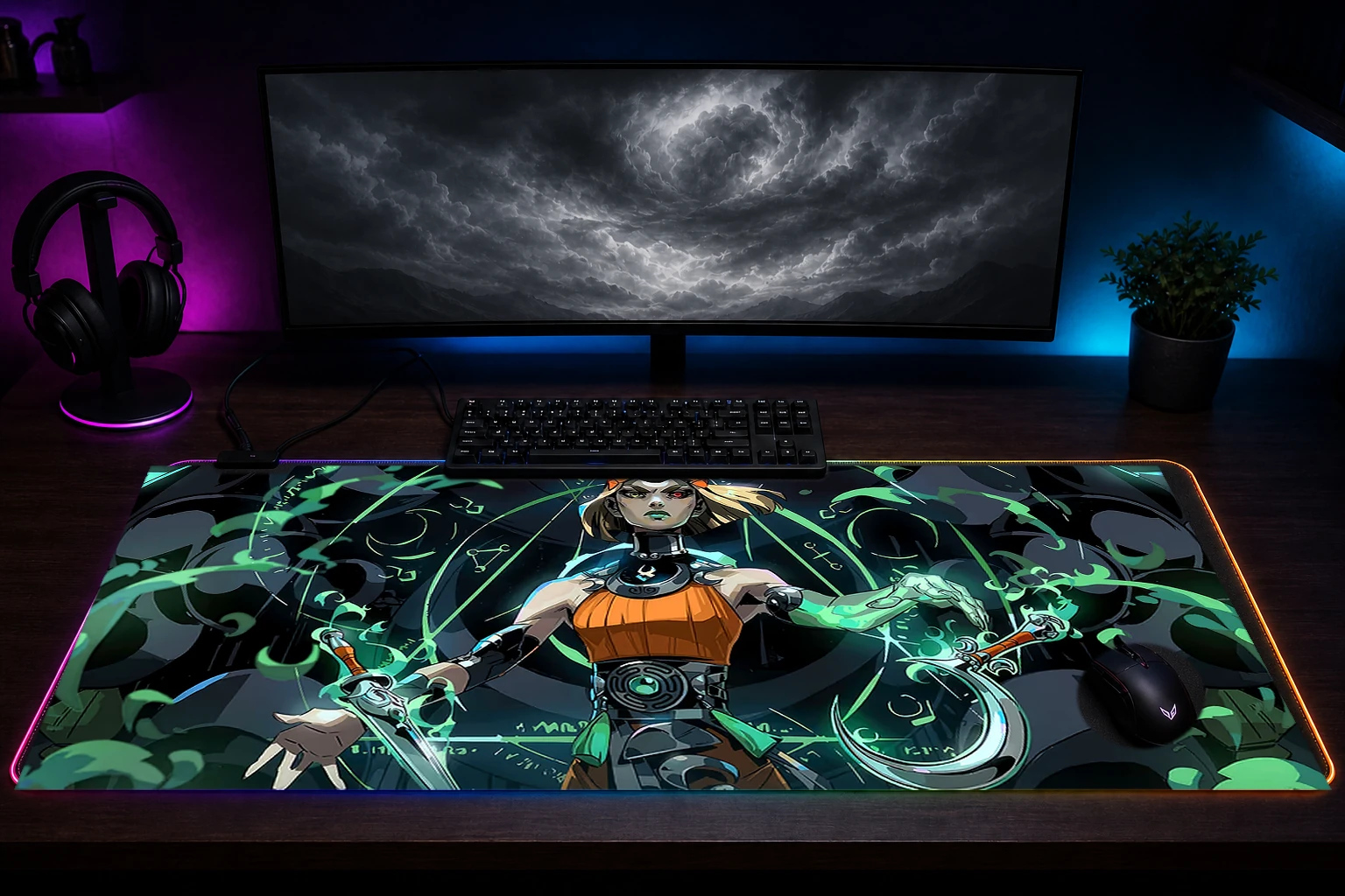 Hades 2 RGB Desk Mat immersive setup scene