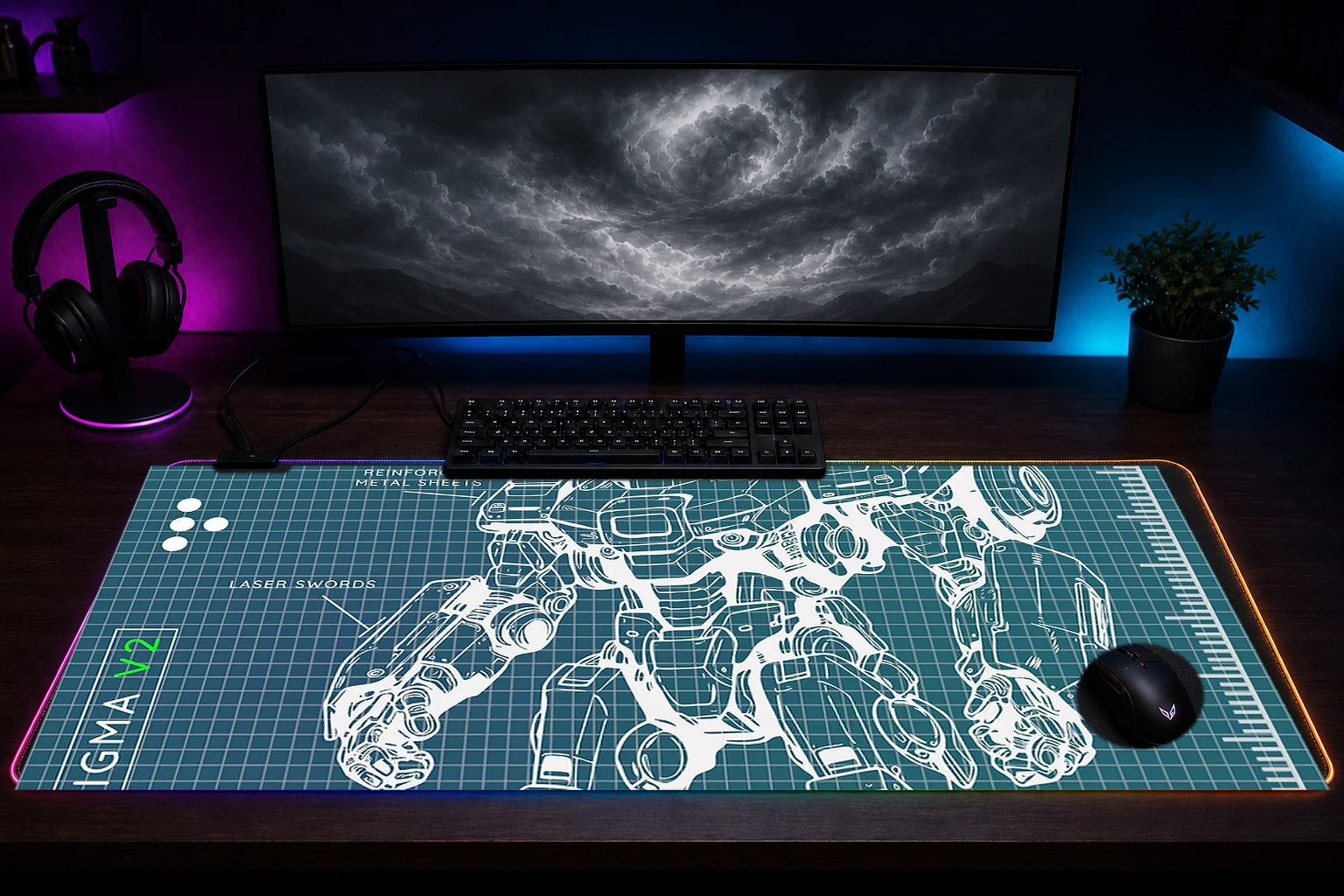 atlas v2 mecha robot RGB Desk Mat immersive setup scene