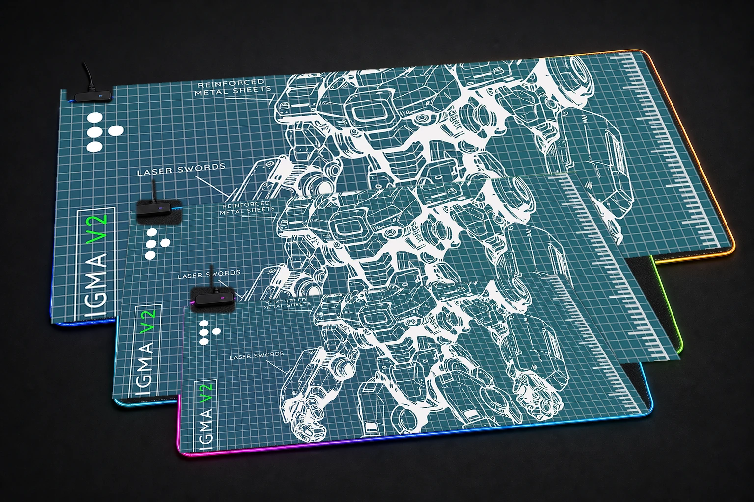 atlas v2 mecha robot RGB Desk Mat three-size comparison