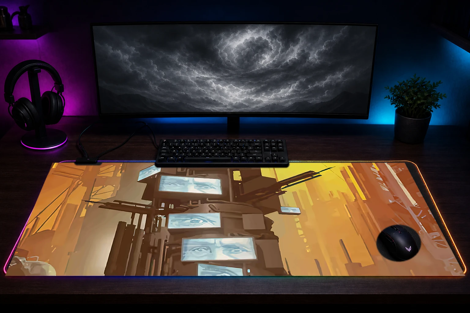 Dystopian City RGB Desk Mat immersive setup scene