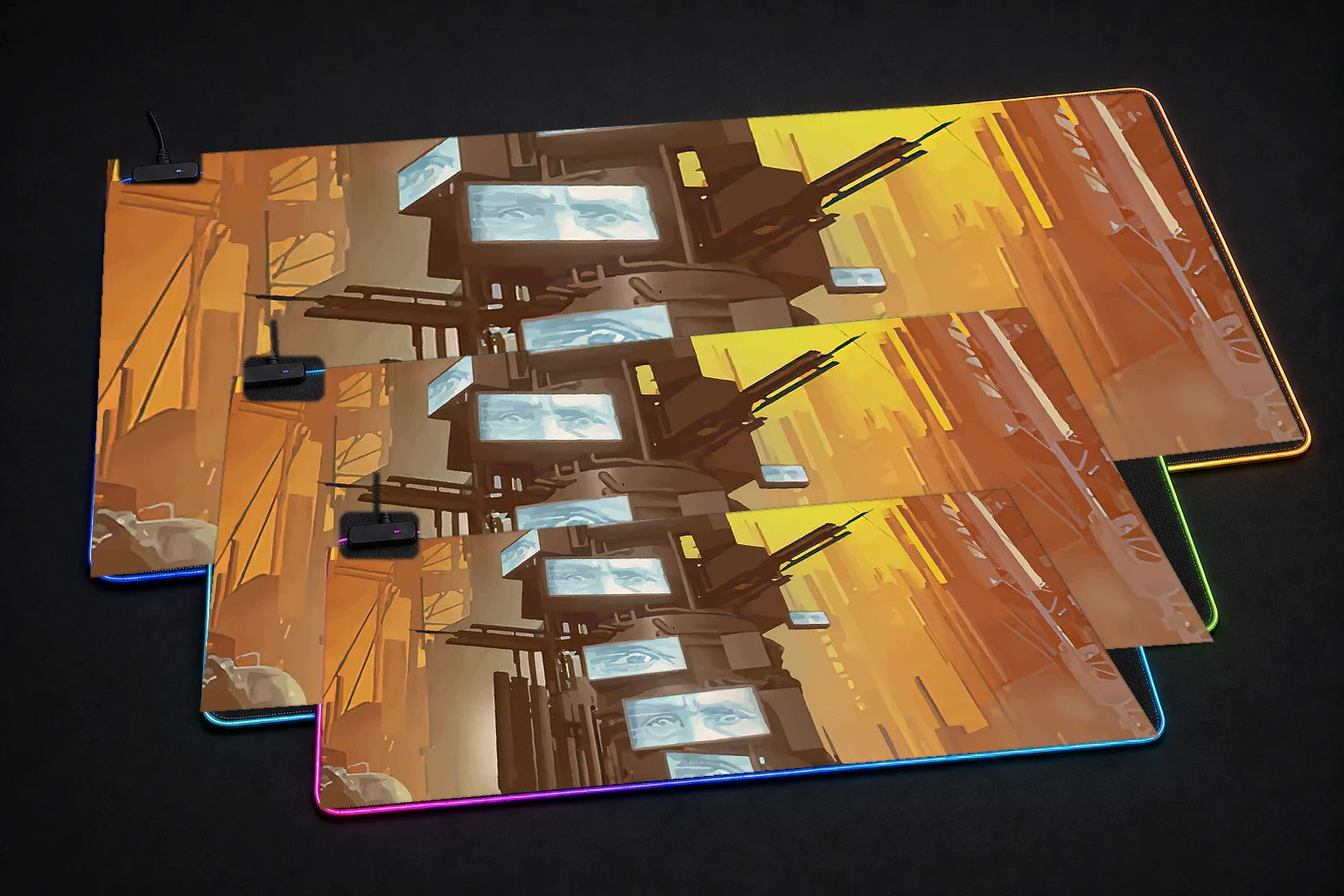 Dystopian City RGB Desk Mat three-size comparison