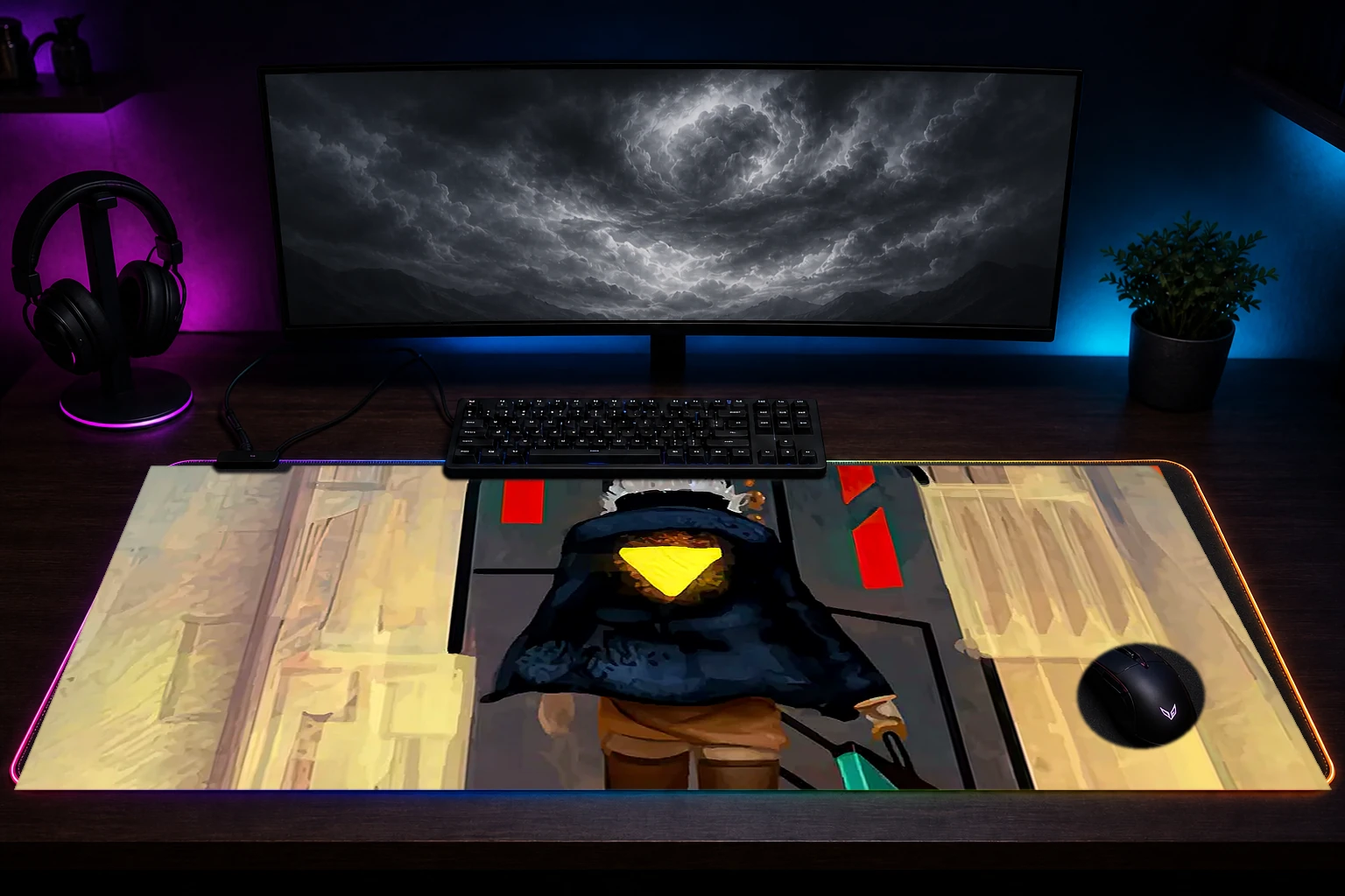 Transistor RGB Desk Mat immersive setup scene