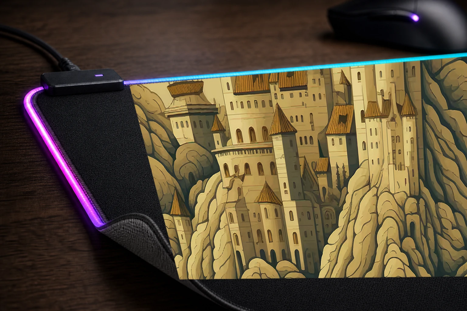Enchanted Medieval Castle RGB Desk Mat controller and material detail