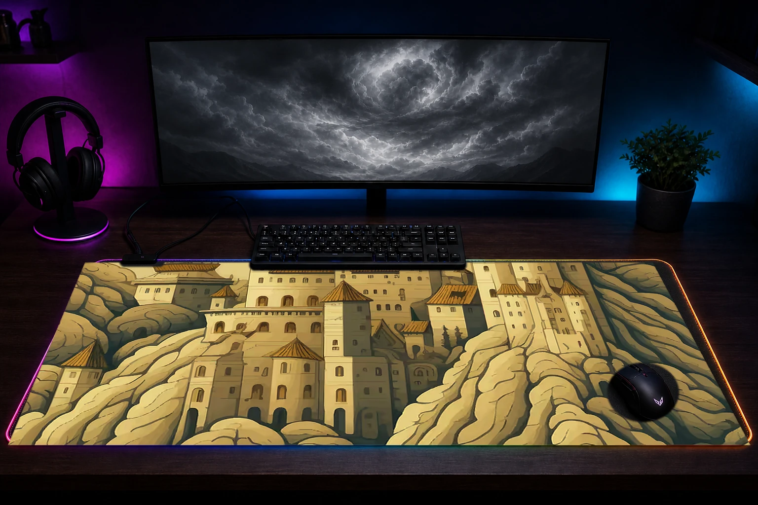 Enchanted Medieval Castle RGB Desk Mat immersive setup scene